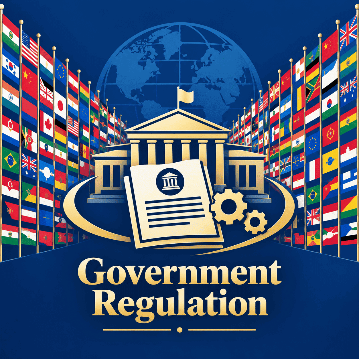 Government Regulation illustrated with a government building, regulatory document, gears, globe, and international flags.